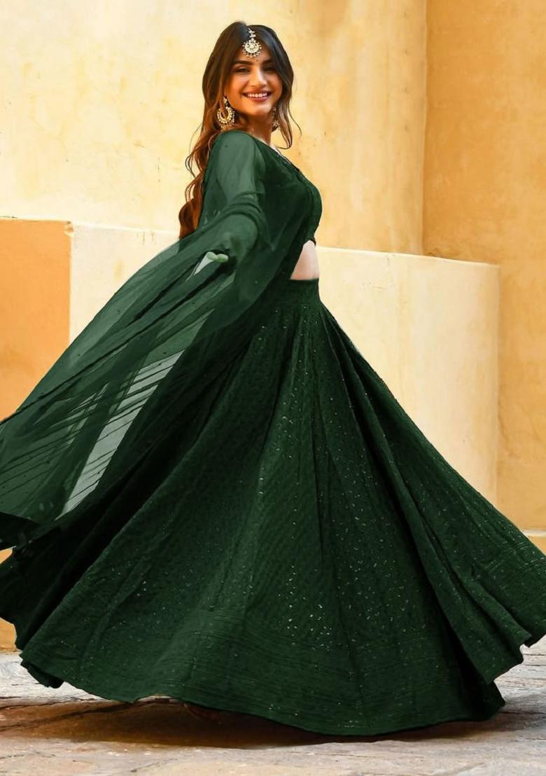Green Embroidered Blended Lehenga Choli - Indya