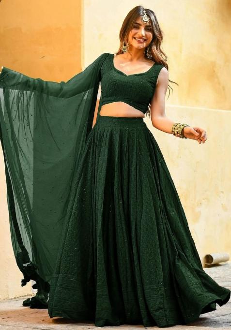 Green Embroidered Blended Lehenga Choli