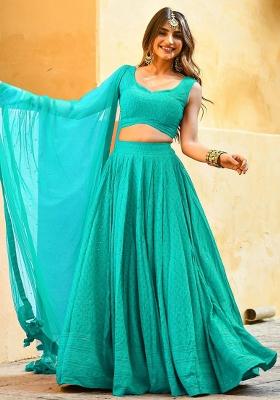 Sky Blue Embroidered Blended Lehenga Choli