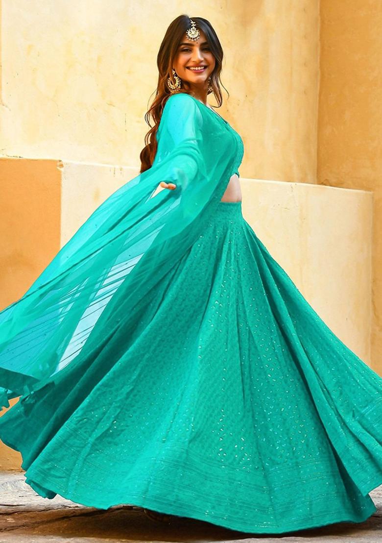 Sky Blue Embroidered Blended Lehenga Choli - Indya