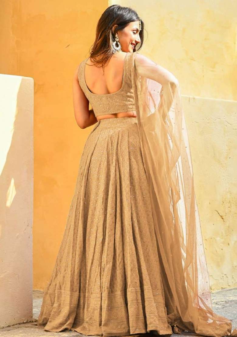 Beige Blended Choli Lehenga with Embroidered for Diwali | Wedding & Festive Wear - Indya