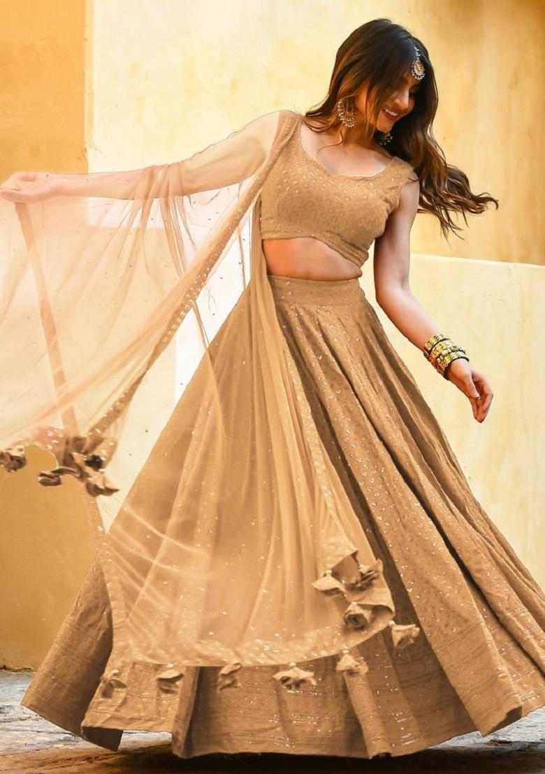 Beige Embroidered Blended Lehenga Choli - Indya