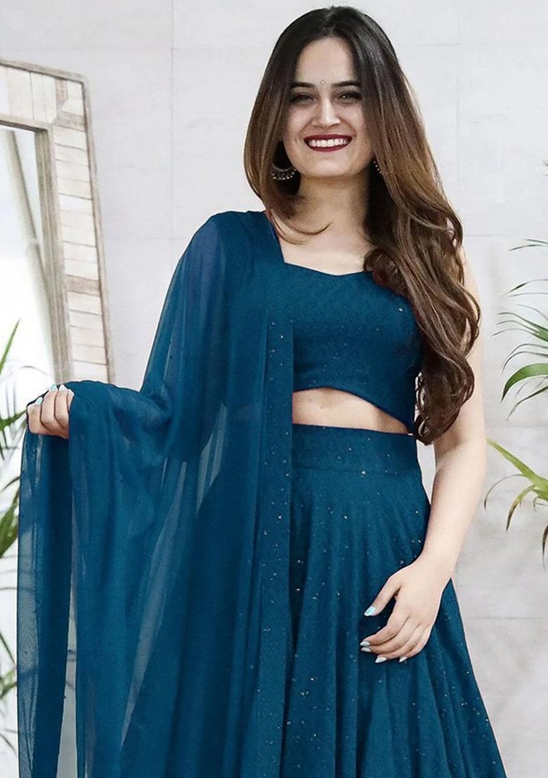 Teal Blue Embroidered Blended Lehenga Choli - Indya