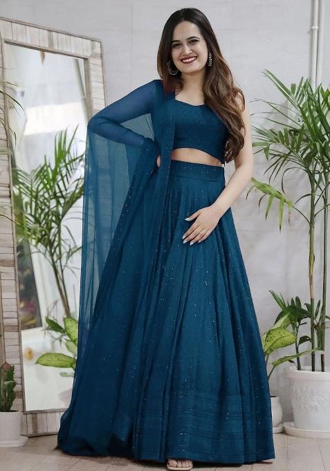 Teal Blue Embroidered Blended Lehenga Choli
