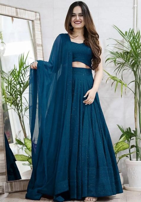 Teal Blue Embroidered Blended Lehenga Choli