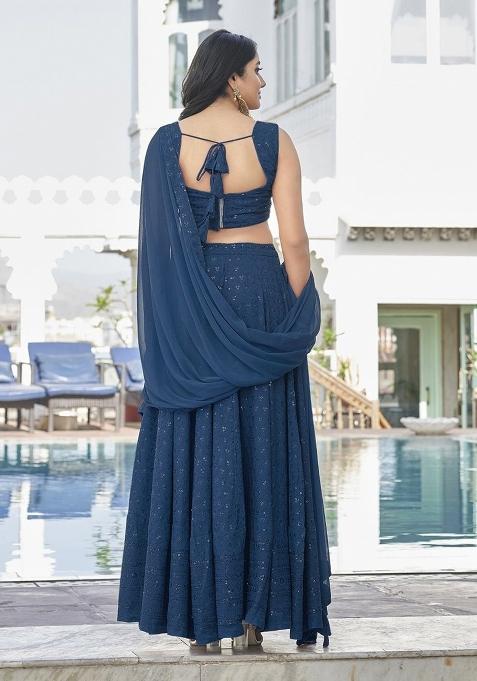 Teal Blue Embroidered Blended Lehenga Choli
