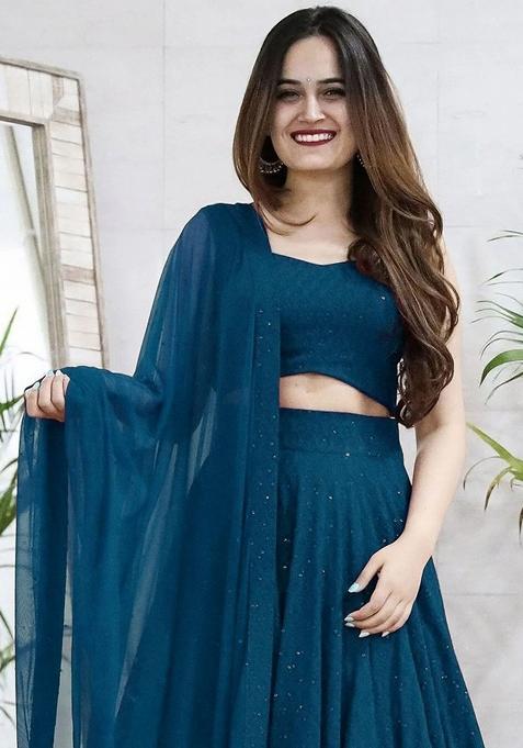 Teal Blue Embroidered Blended Lehenga Choli