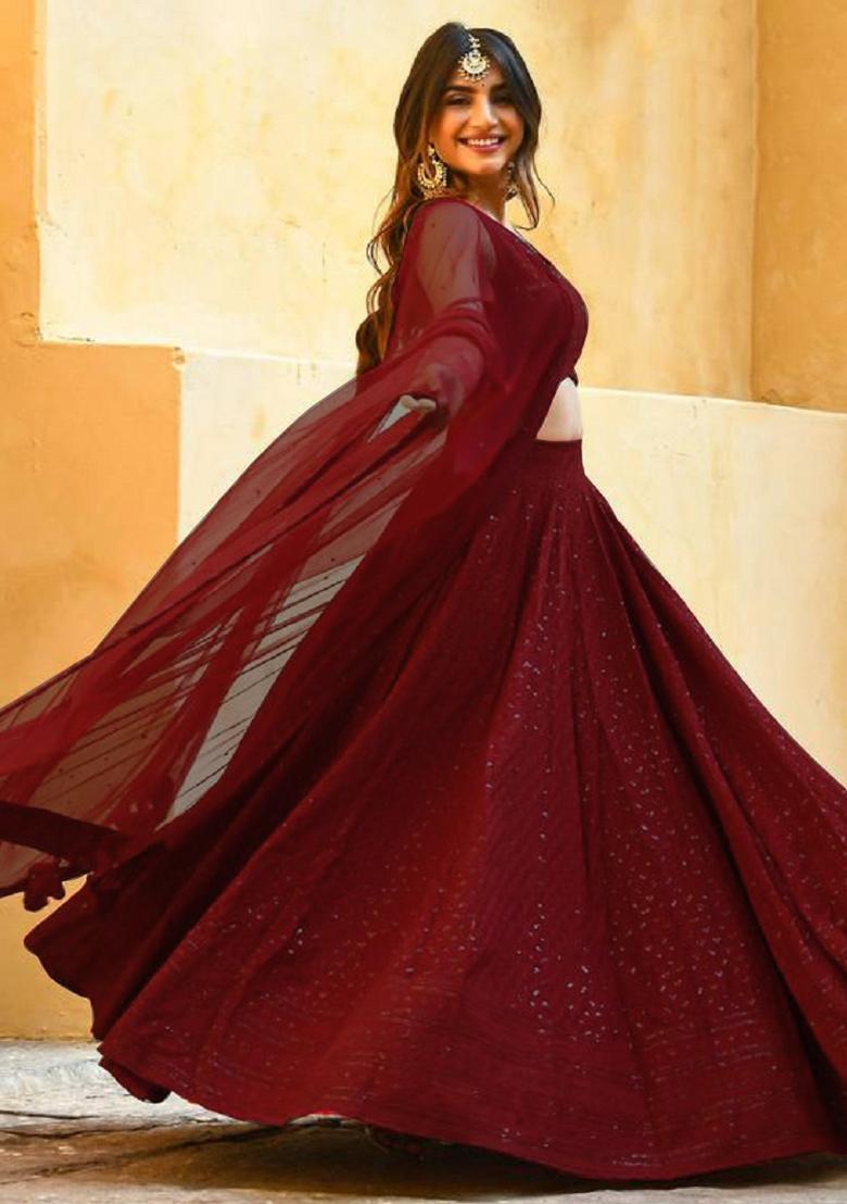 Maroon Embroidered Blended Lehenga Choli - Indya