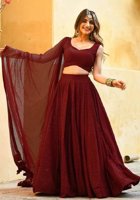Maroon Embroidered Blended Lehenga Choli