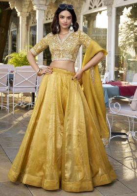Golden Embroidered Blended Lehenga Choli