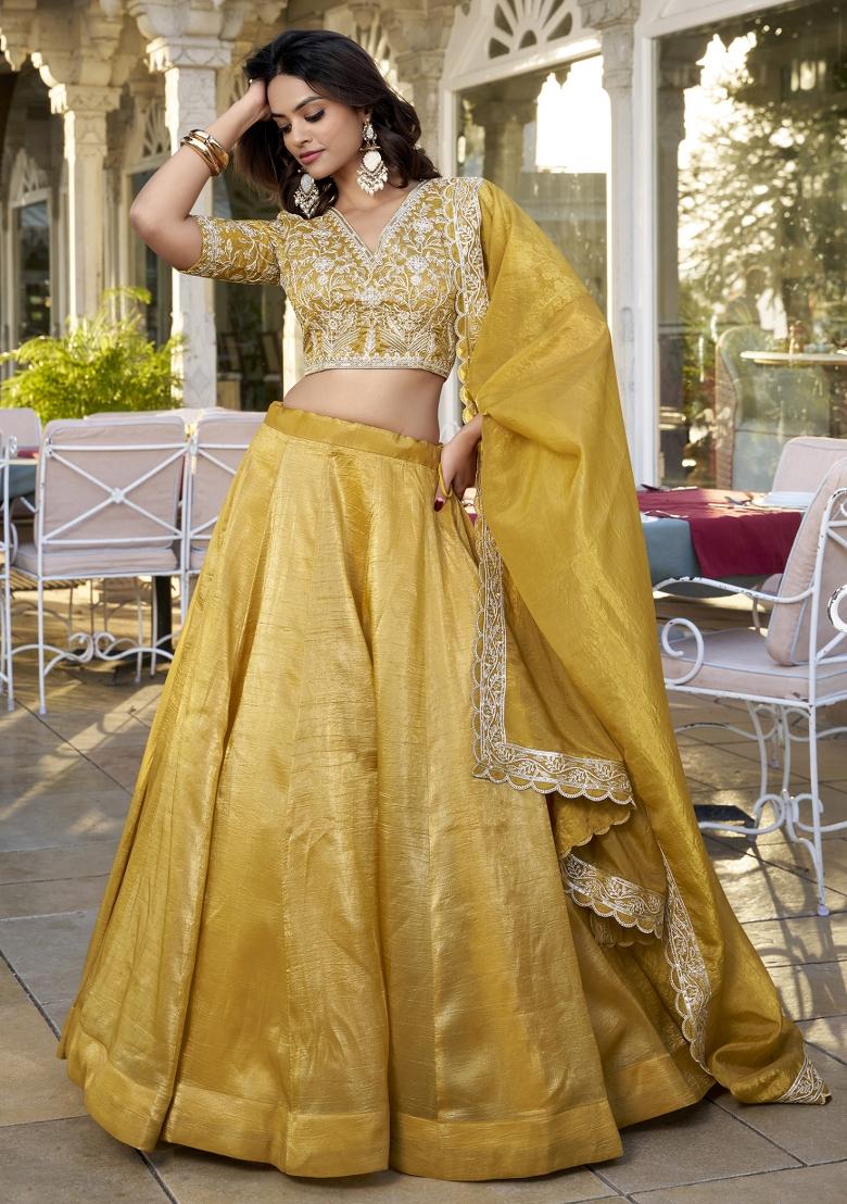 Golden Embroidered Blended Lehenga Choli - Indya