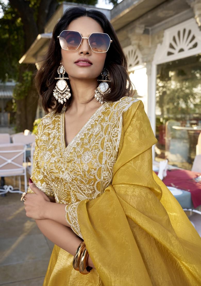 Golden Embroidered Blended Lehenga Choli - Indya