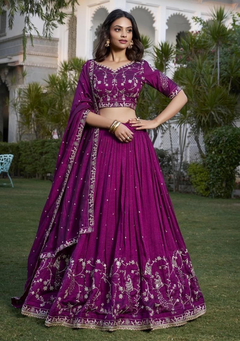 Wine Embroidered Blended Lehenga Choli - Indya