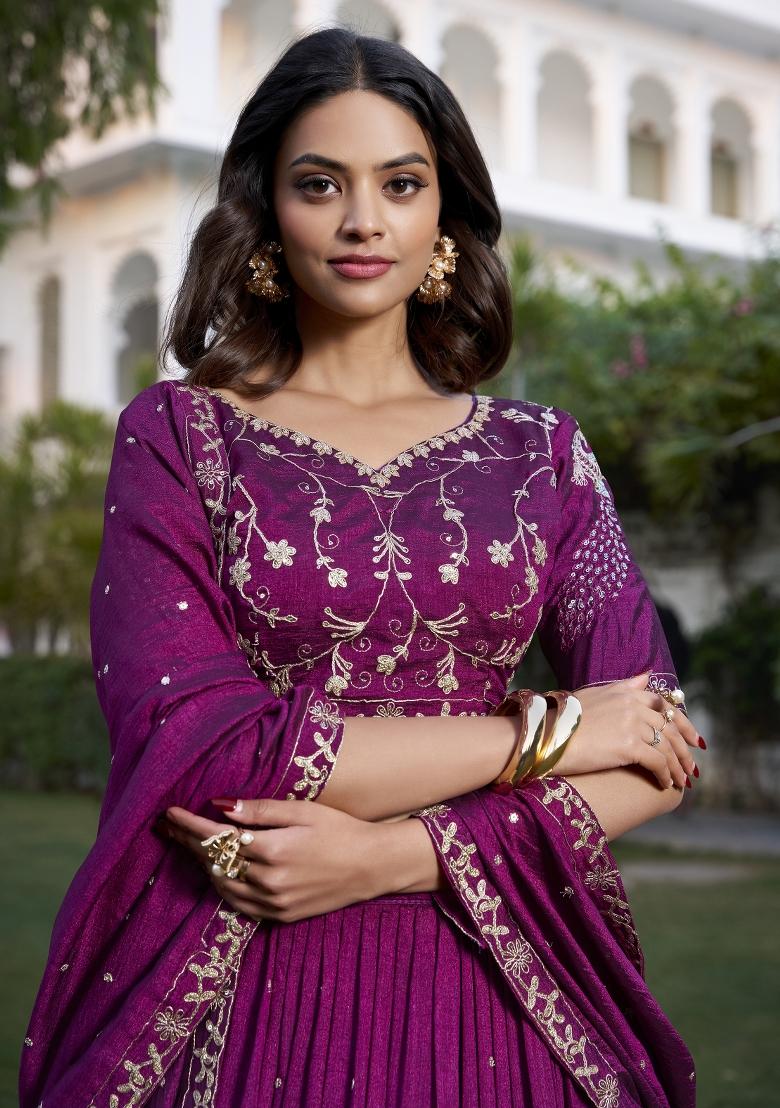 Wine Embroidered Blended Lehenga Choli - Indya