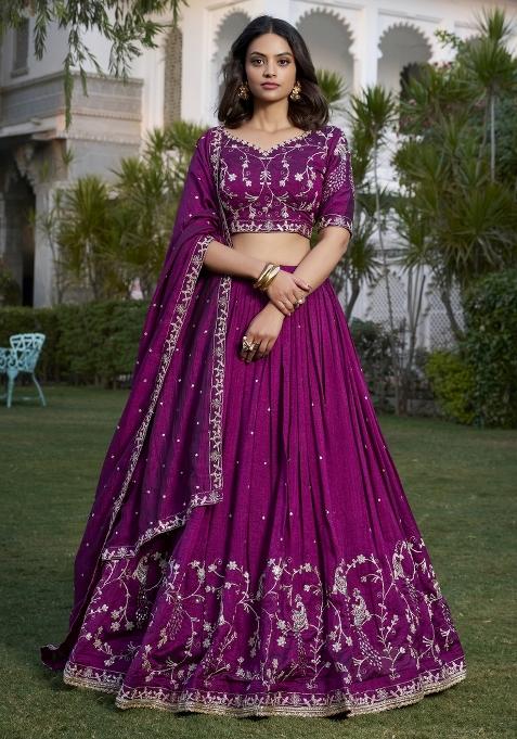 Wine Embroidered Blended Lehenga Choli