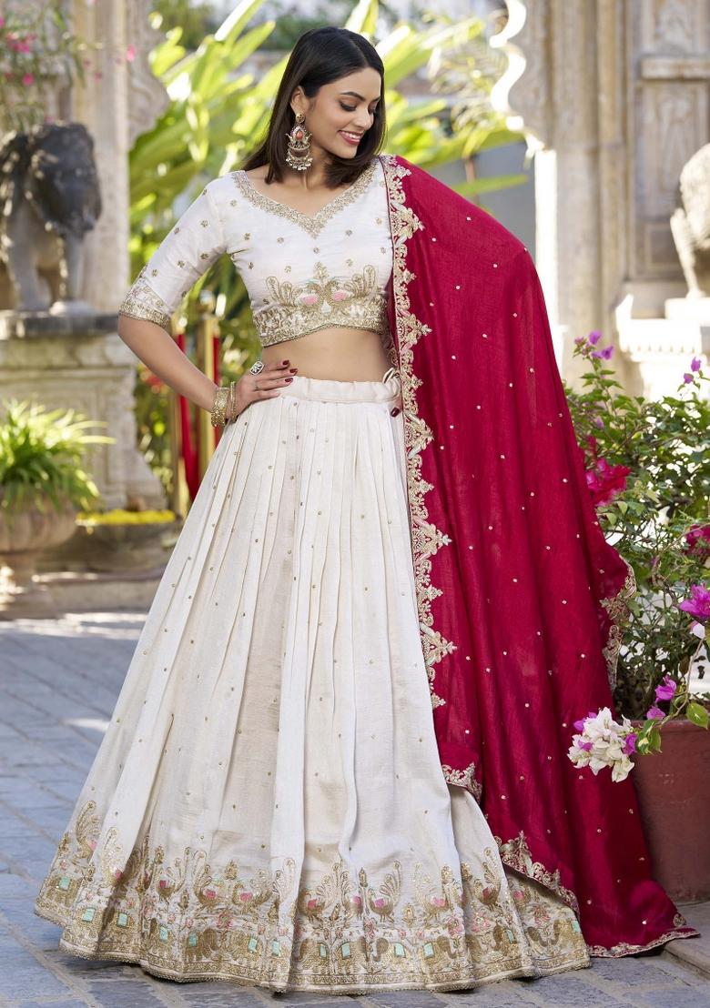Off White Embroidered Blended Lehenga Choli
