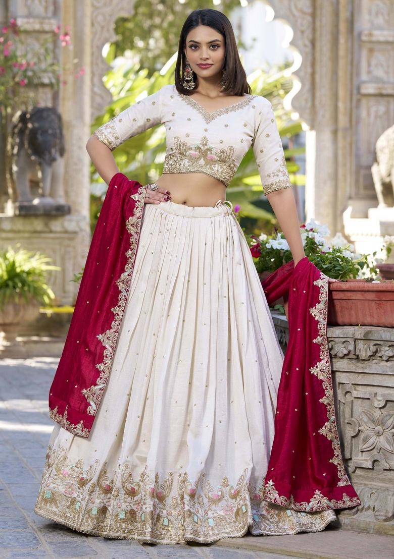 Off White Embroidered Blended Lehenga Choli