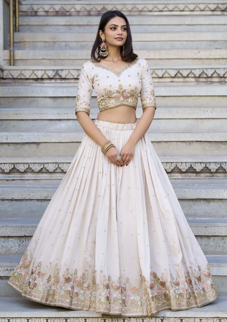 Off White Embroidered Blended Lehenga Choli