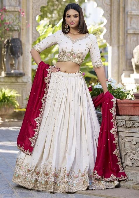 Off White Embroidered Blended Lehenga Choli