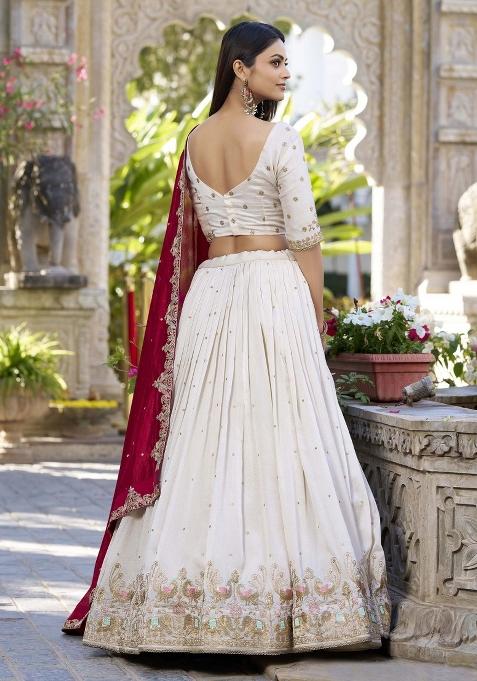 Off White Embroidered Blended Lehenga Choli