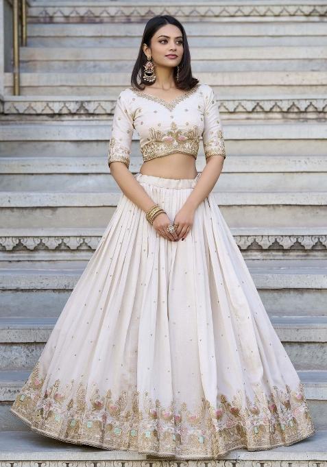 Off White Embroidered Blended Lehenga Choli