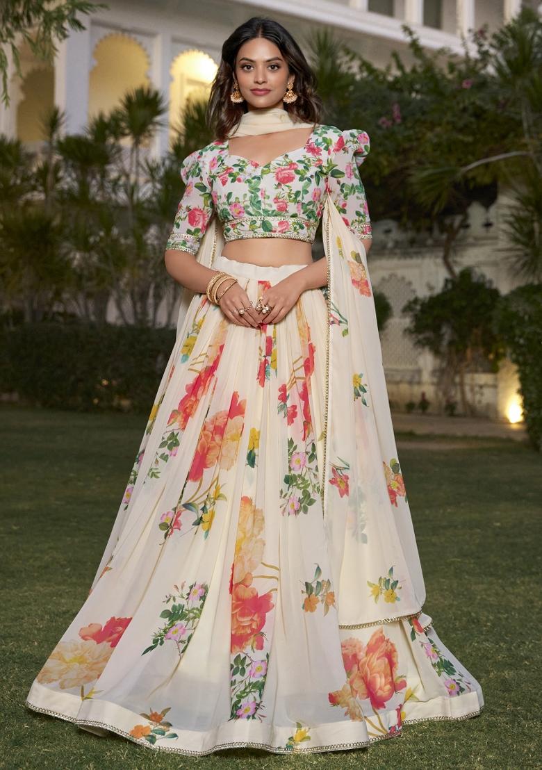 Off White Embroidered Blended Lehenga Choli