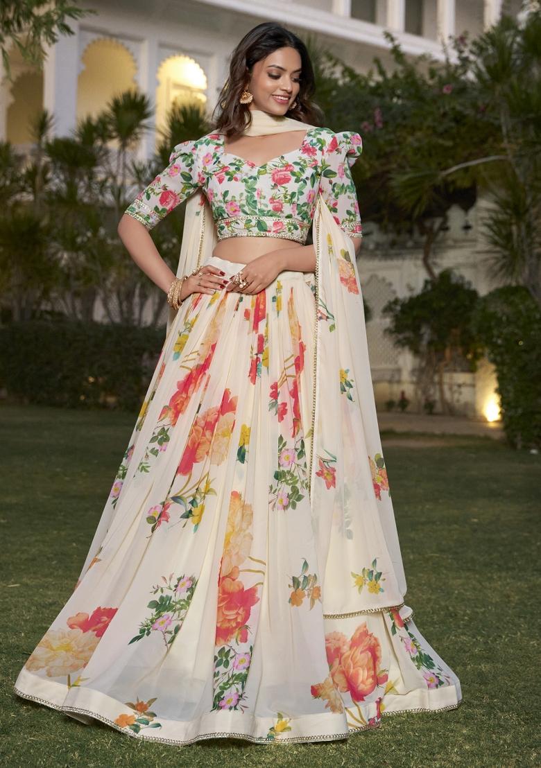 Off White Embroidered Blended Lehenga Choli