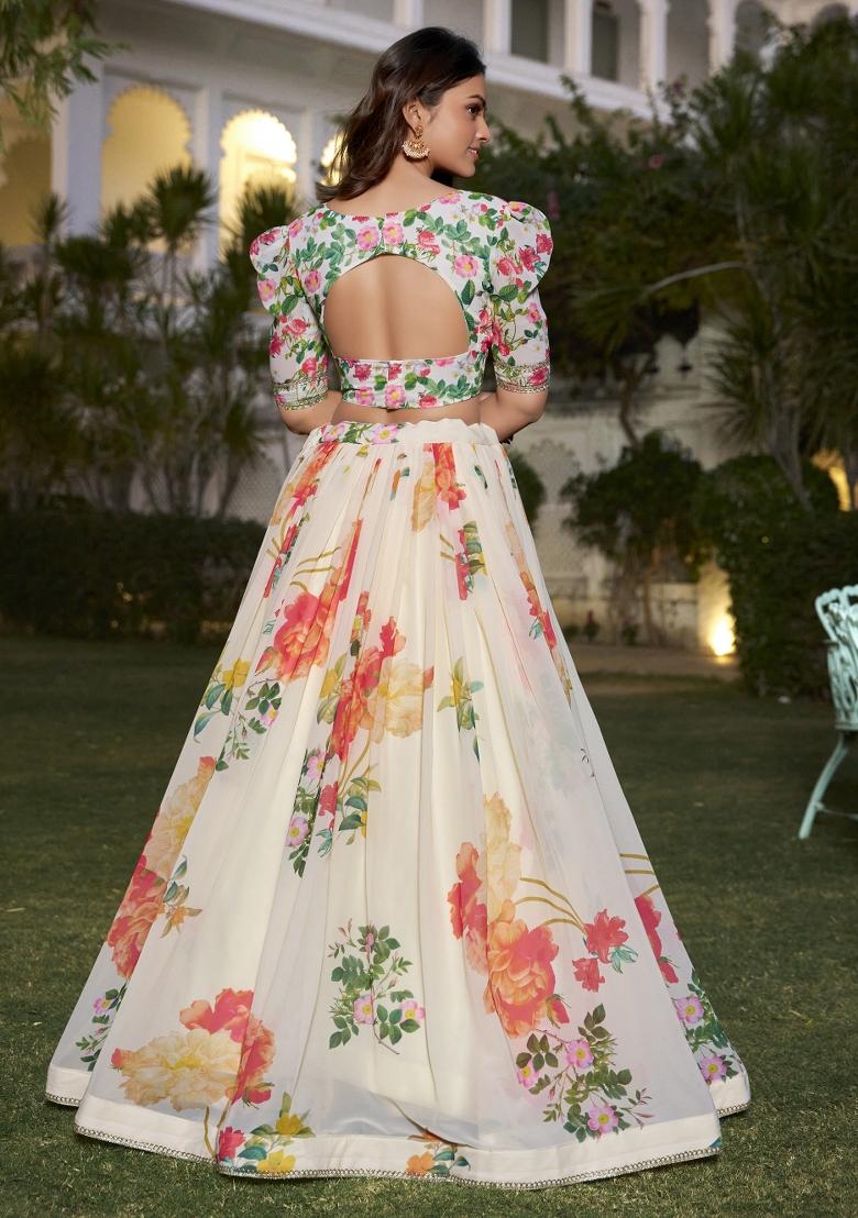 Off White Embroidered Blended Lehenga Choli