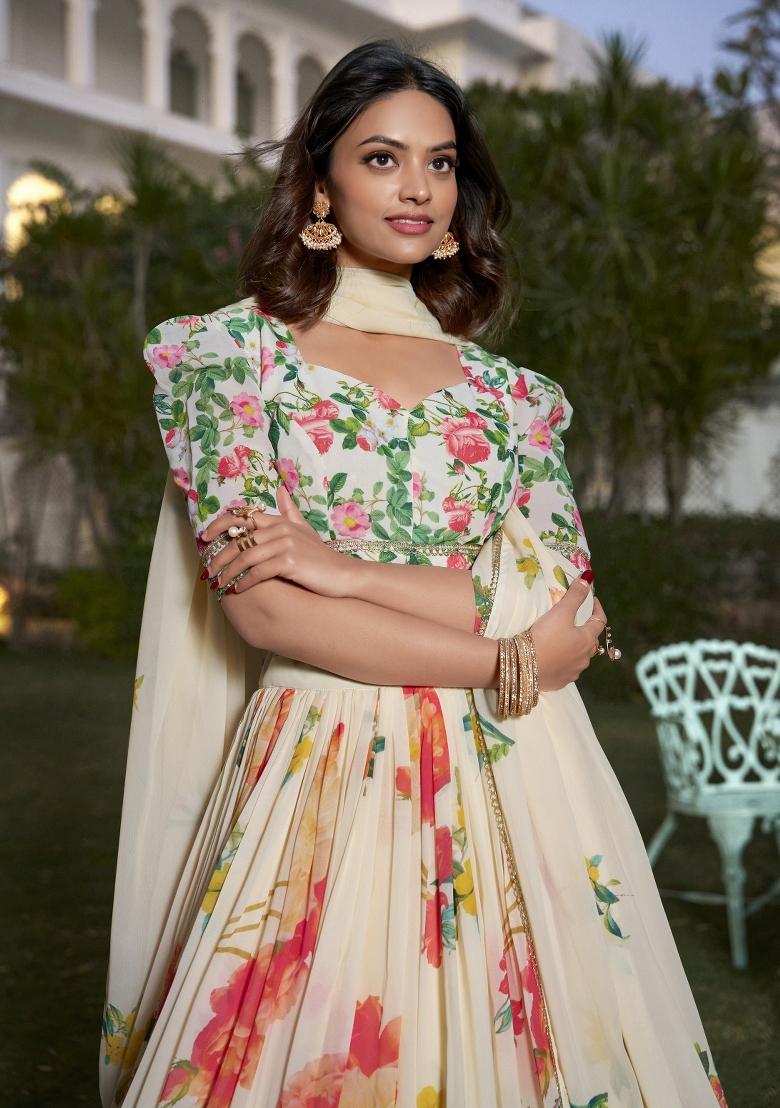 Off White Embroidered Blended Lehenga Choli