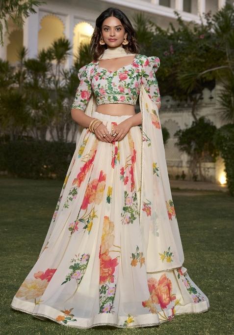 Off White Embroidered Blended Lehenga Choli