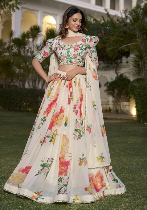 Off White Embroidered Blended Lehenga Choli