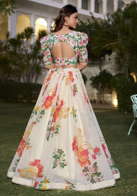 Off White Embroidered Blended Lehenga Choli