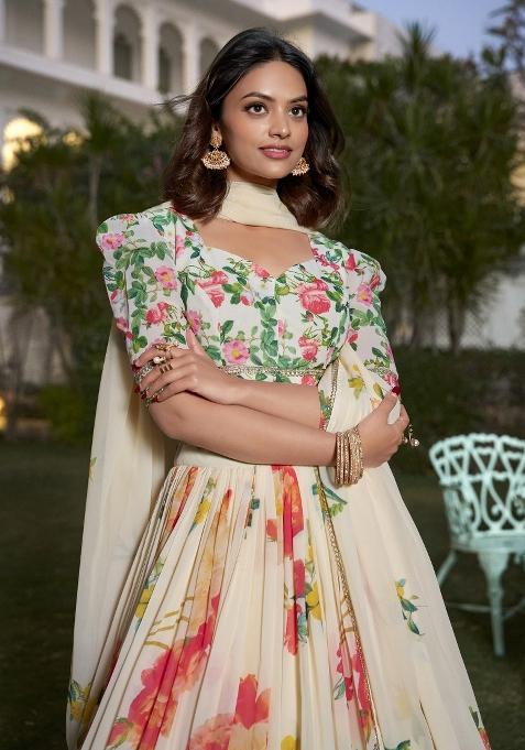 Off White Embroidered Blended Lehenga Choli