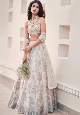Cream Embroidered Blended Lehenga Choli