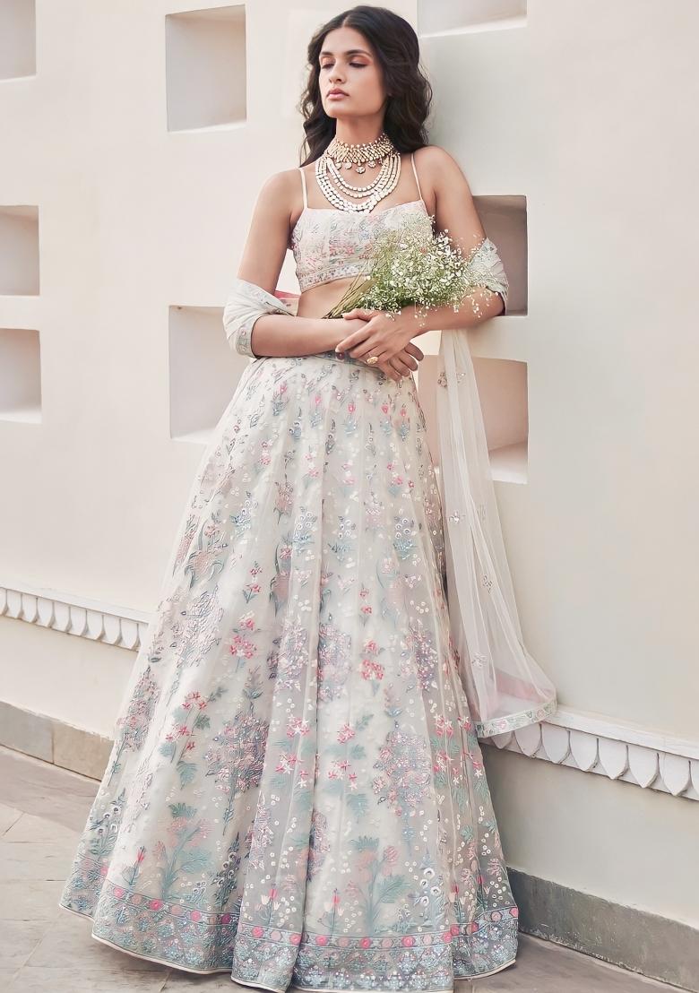 Cream Embroidered Blended Lehenga Choli - Indya