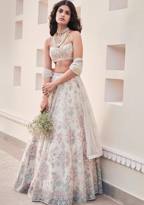 Cream Embroidered Blended Lehenga Choli
