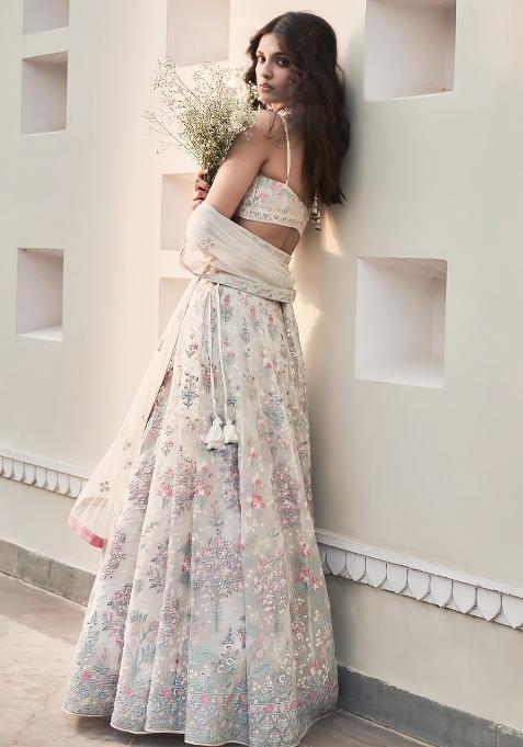 Cream Embroidered Blended Lehenga Choli