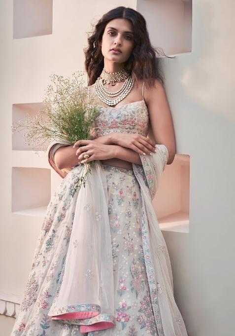 Cream Embroidered Blended Lehenga Choli