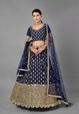 Navy Blue Embroidered Blended Lehenga