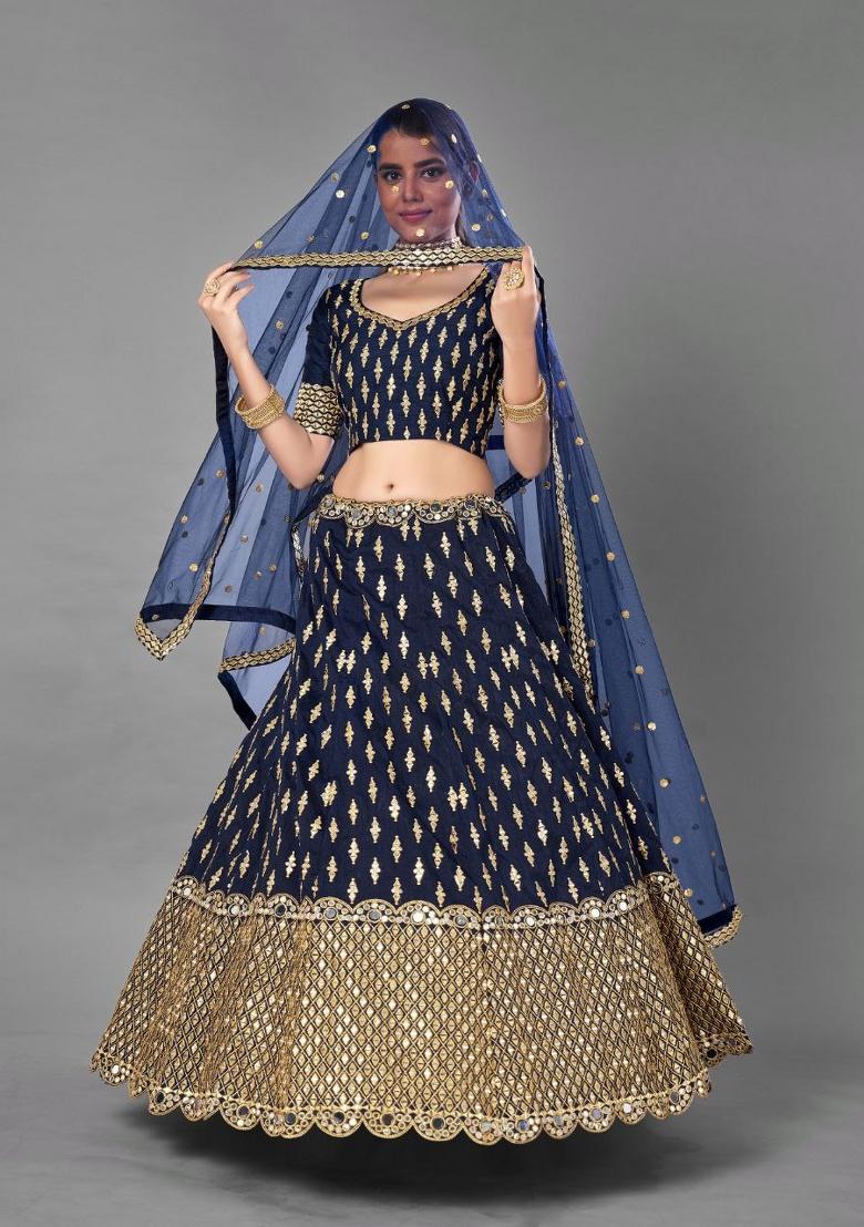 Navy Blue Embroidered Blended Lehenga - Indya