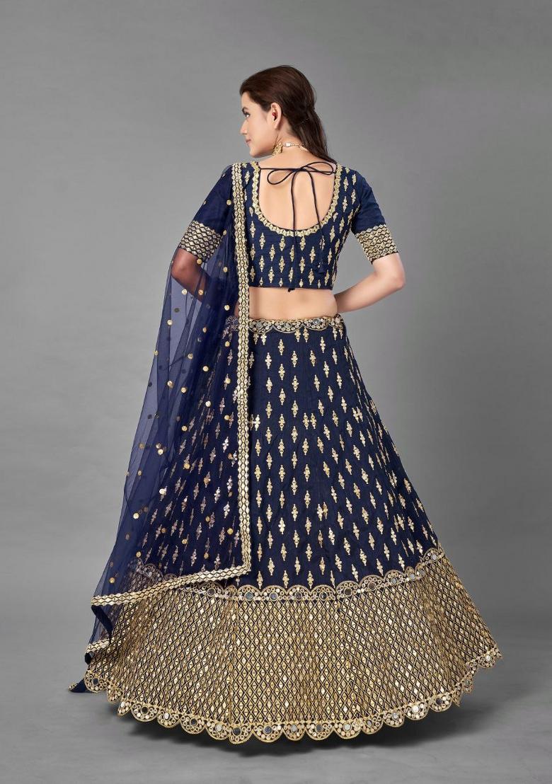 Navy Blue Embroidered Blended Lehenga
