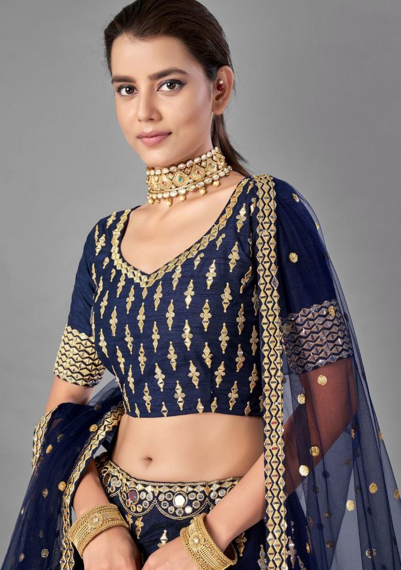 Navy Blue Embroidered Blended Lehenga - Indya