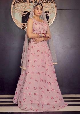 Peach Embroidered Blended Lehenga