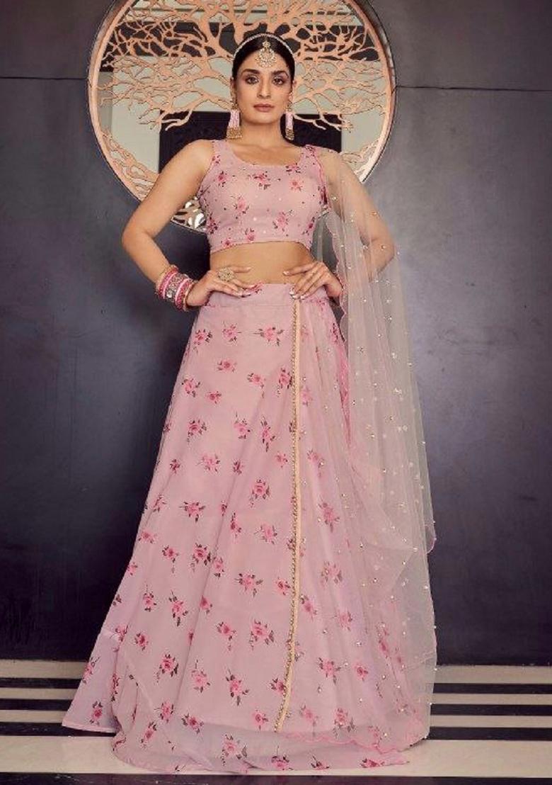 Peach Embroidered Blended Lehenga - Indya