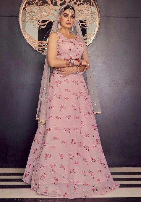 Peach Embroidered Blended Lehenga