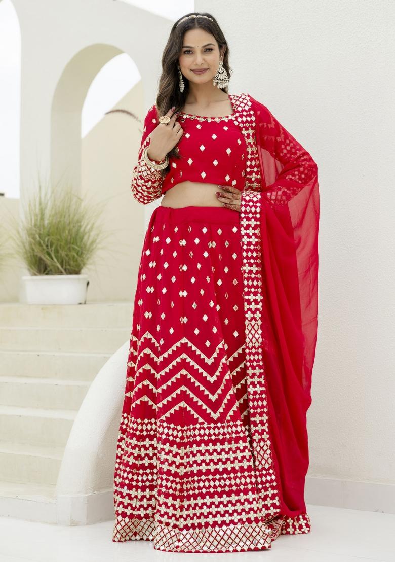 Red Embroidered Blended Lehenga - Indya