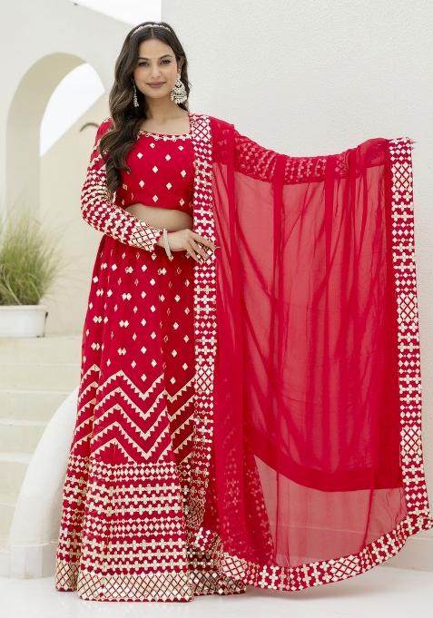 Red Embroidered Blended Lehenga