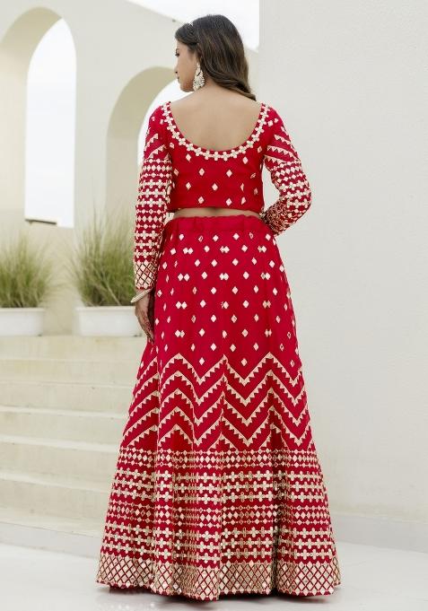 Red Embroidered Blended Lehenga
