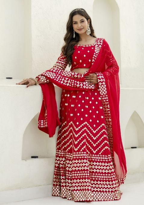 Red Embroidered Blended Lehenga