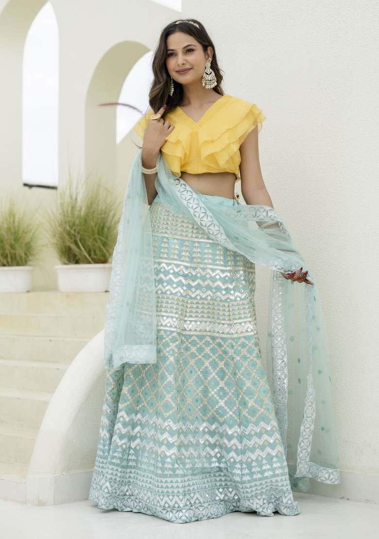 Sky Blue Blended Lehenga with Embroidered for Diwali | Wedding & Festive Wear - Indya